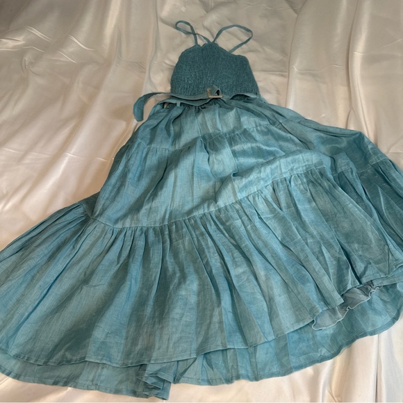 NWOT Lusana light blue linen dress midi ruched belted lined women’s size 8 - Picture 7 of 7